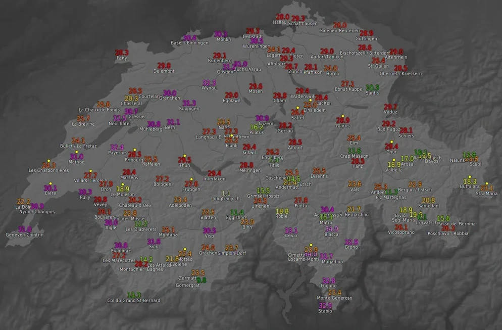 Temperatura massima giornaliera domenica 5 luglio 2026. ©MeteoSvizzera
