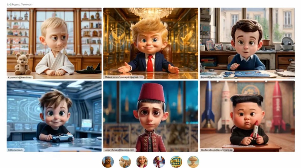 I leader mondiali in chiamata. Dall'alto a sinistra: Vladimir Putin, Donald Trump, Emmanuel Macron, Elon Musk, Recep Tayyip Erdogan e Kim Jong-un.