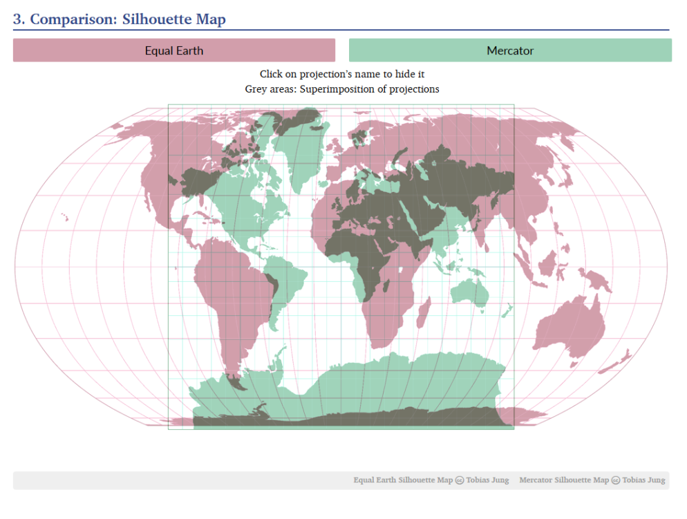 In rosa, la proiezione di Equal Earth, sovrapposta a quella verde di Mercatore.