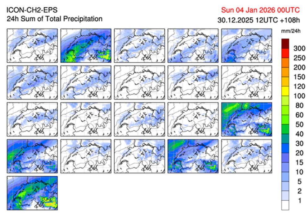 Le 21 simulazioni di ICON-CH2-EPS per le precipitazioni di sabato: la maggior parte sono asciutte sul Ticino. © MeteoSvizzera