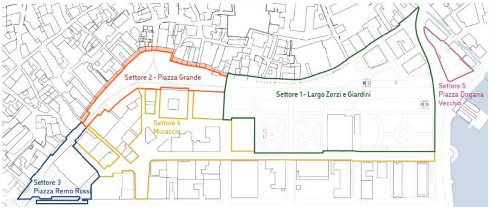 La prima richiesta di credito riguarda il settore 1 e il settore 3: Largo Zorzi (e giardini pubblici) e di piazzetta Remo Rossi più via Rusca