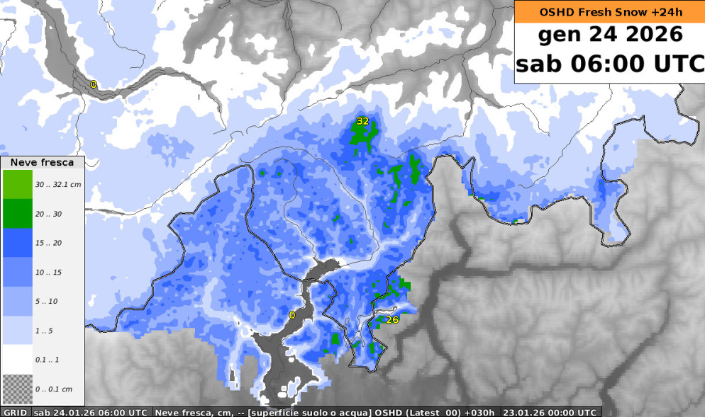 Accumuli di neve fresca previsti fino a sabato mattina dal modello OSHD (SLF). © MeteoSvizzera
