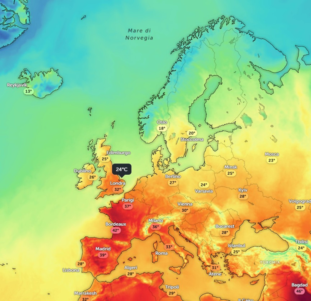 La mappa che raffigura l'ondata di caldo in Europa. © Zoom.Earth