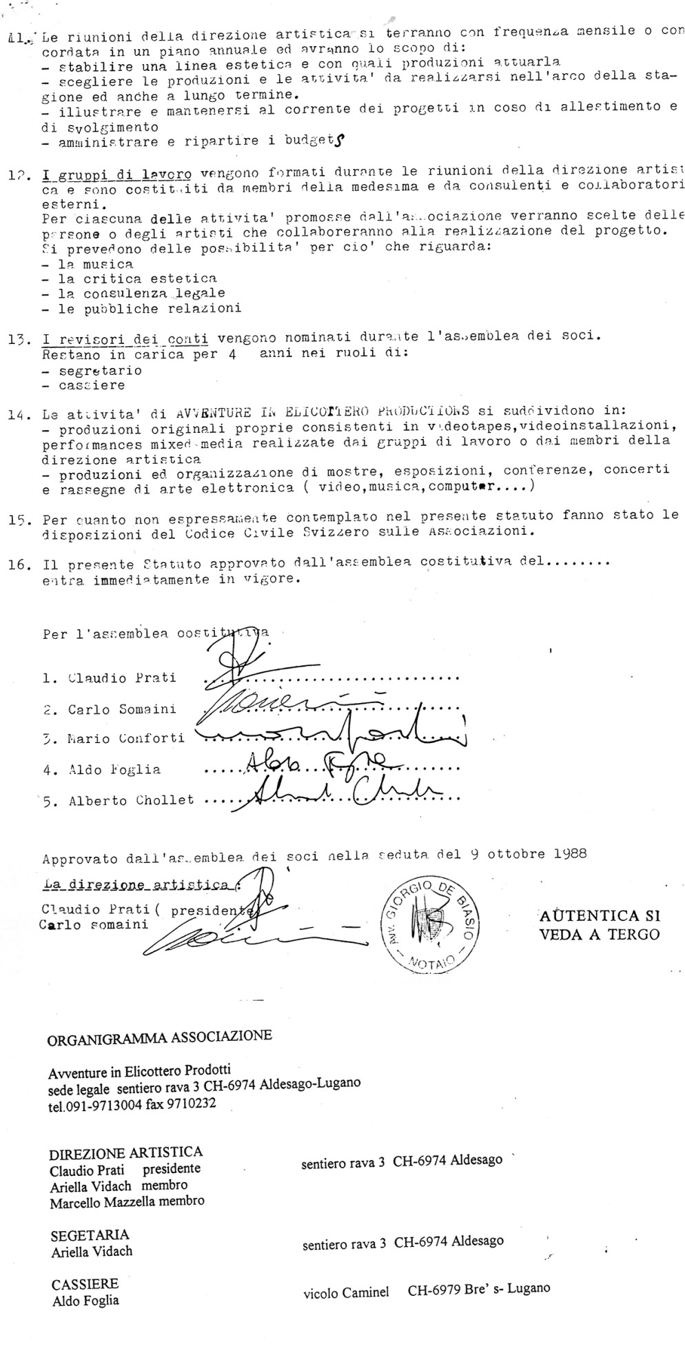 Copia di parte dello statuto che certifica la creazione dell'associazione Avventure in Elicottero Prodotti il 19 ottobre 1995.